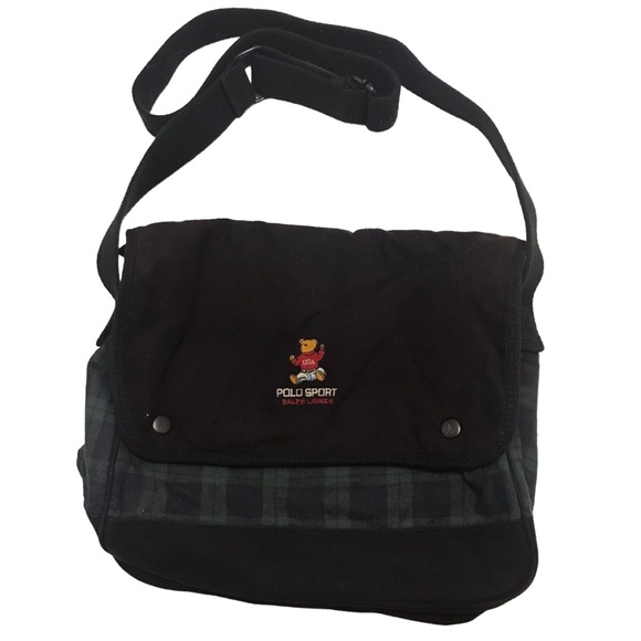 Polo Ralph Lauren Handbags - VTG POLO RALPH LAUREN 90s Green Black Plaid Cloth Messenger Bag Small Bear Logo